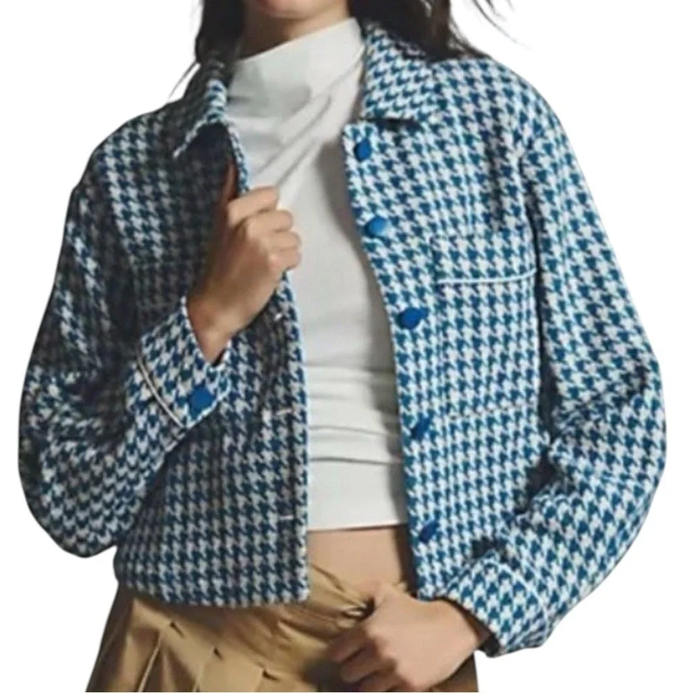 Anthropologie Blue and White Houndstooth Blazer
